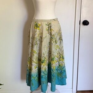 Forbidden floral cotton boho indie  midi skirt with blue and green floral print